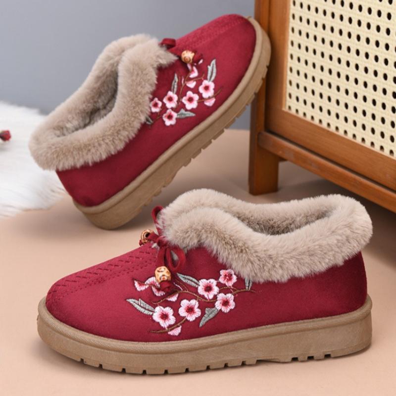 Winter Women's Thickened Warm Casual Shoes Flat Embroidered Cotton Boots