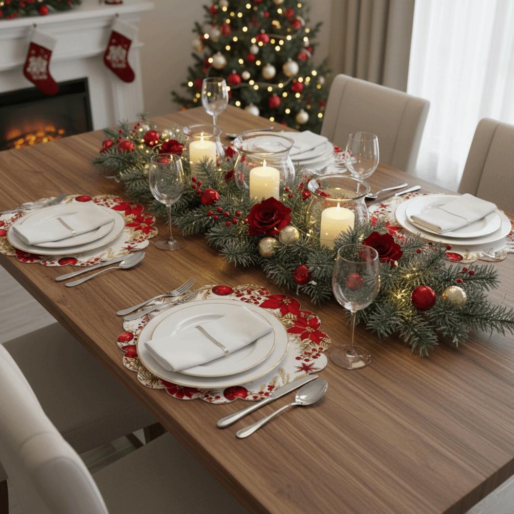 6pcs Easy Clean Red Berry Mat Heat Resistant Scalloped Dining Decor Holiday Dinner Mat Home Dining