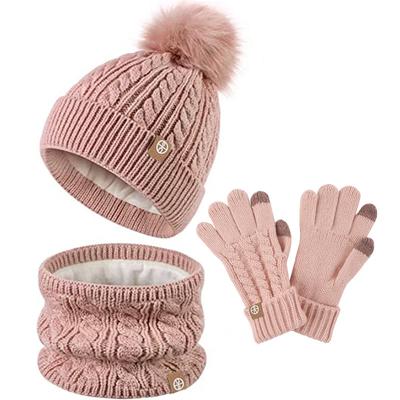 Hat Scarf and Gloves Set Kids, Winter Bobble Hat Beanie Knit Neck Warmer Gaiter Snood Scarf Gloves Fleece Lined Set for Girls Toddler Children