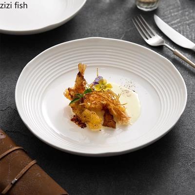 Ceramic Pure White Horizontal Pattern Deep Plate Restaurant Salad Plate Pasta Plate Soup Plates Dessert Dish Specialty Tableware