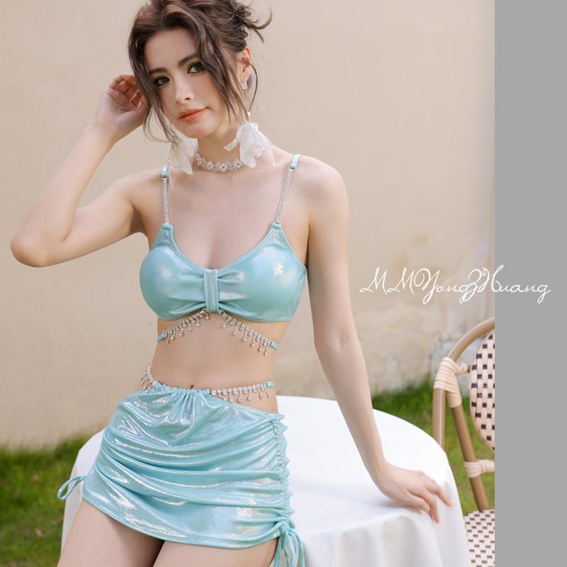 Sexy Bikini Swimsuit Seaside Vacation High-end Rhinestones Split Three-piece S зелёный