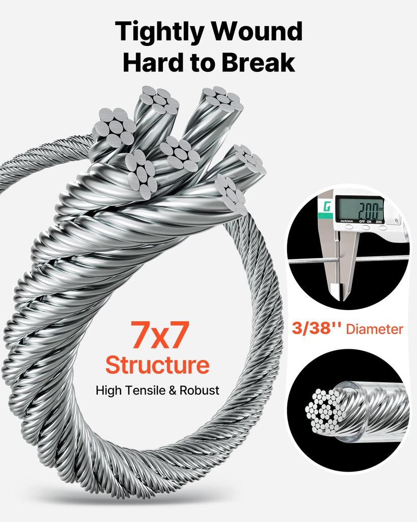2 mm Wire Rope Kit, 35.1 m Length, 304 Stainless Steel Wire Cable, 2 kN Breaking Strength, 7 x 7 Strands Construction, Steel Cable for Deck Railing