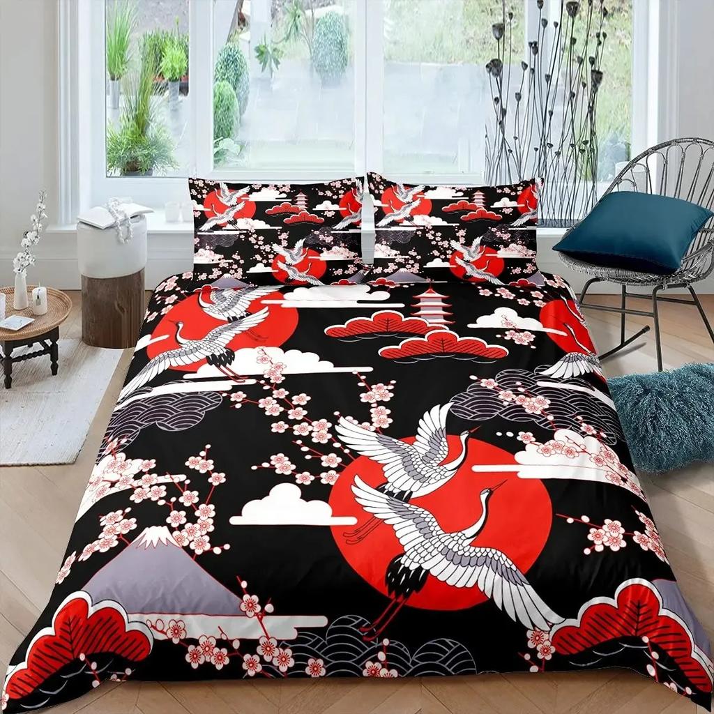 Japanese Ukiyoe Duvet Cover Set Hokusai Pattern Bedding Set Watercolor Sun Mountain Comforter Cover Exotic Style Quilt Cover Set