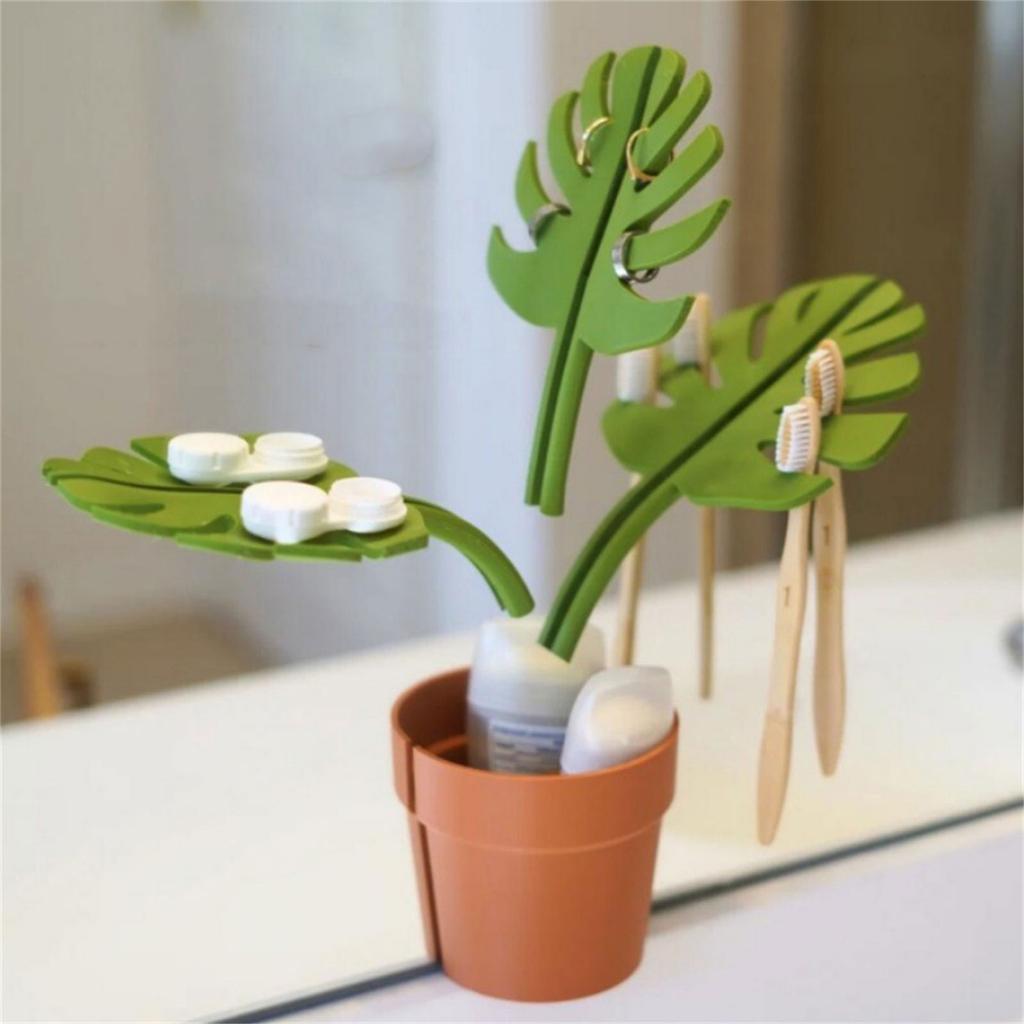 Bathroom Organizer with Monstera Design Self Adhesive Toothbrush Holder and Mirror Mounted for Accessories