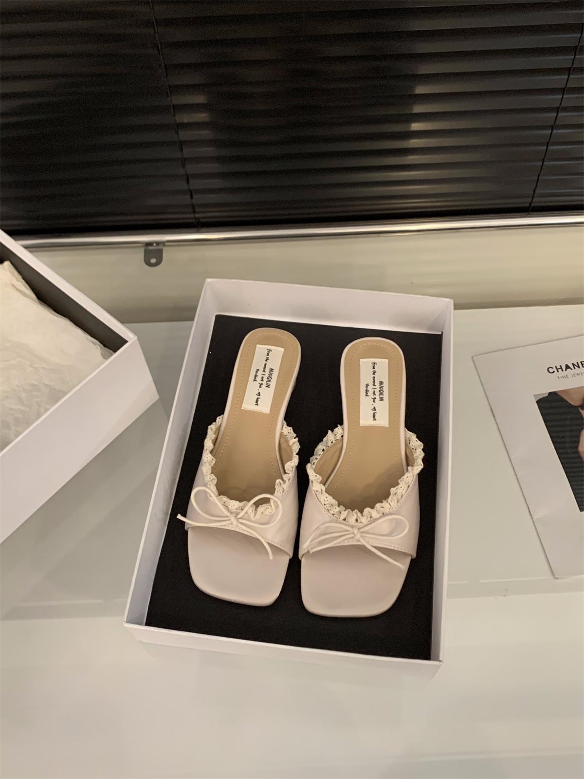 

French medium heel silver bow small cool slippers fairy shoes wear 2025 summer ballet style lace sandals 35 абрикосовый