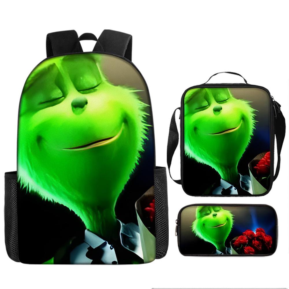Green Hair Monster Grinch School Bag Campus 12345th and 6th Grade Backpack Lightweight Weight Loss Computer Bag Three-piece Set