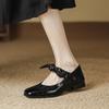 Britischer Stil flacher Mund einzelne Schuhe Damen Schleife ein Wort mit flachen Schuhen ein Fuß quadratischer Kopf Mary Jane Schuhe kleine Lederschuhe Damen