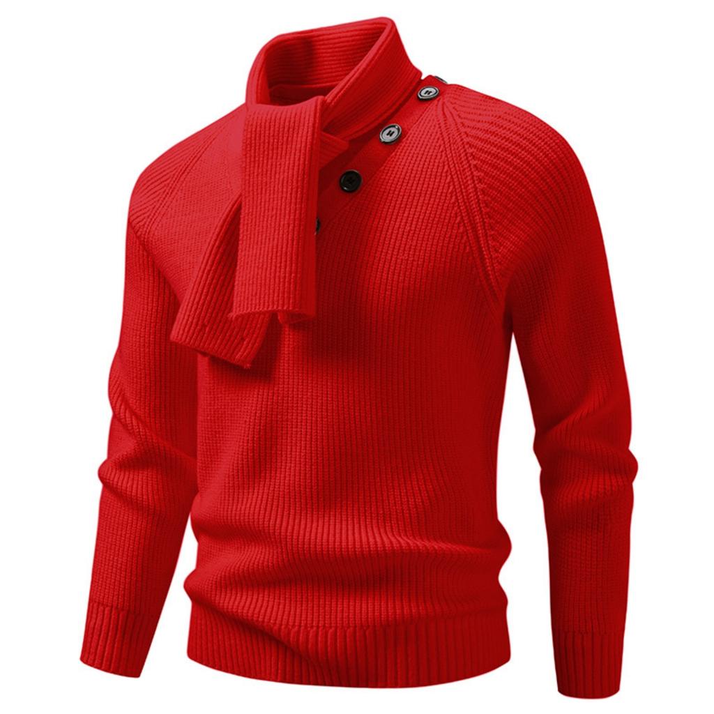 Men's Casual Solid-color Patchwork Style Long-sleeved High-neck Sweater, Men's Fitted Knitted Pullover, Scarf Collar Sweater