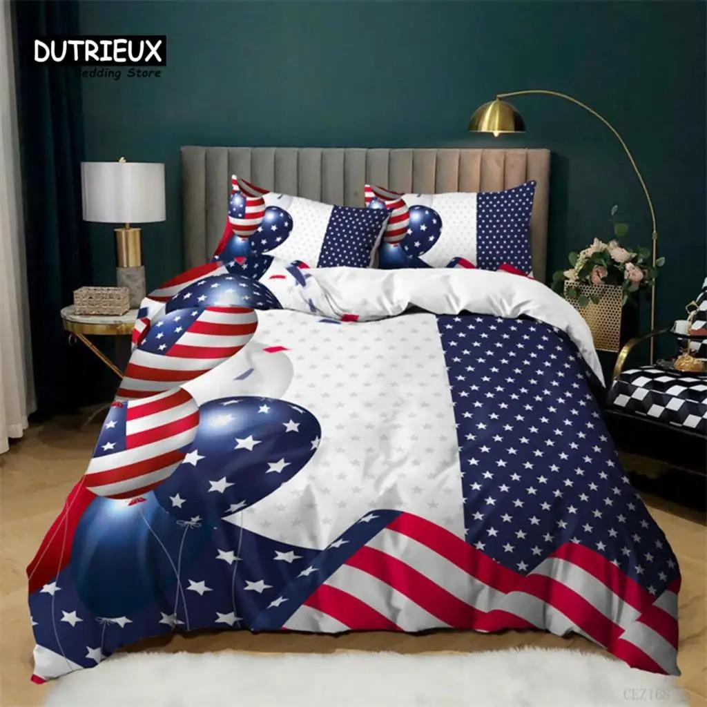 National Flag Bedding Set Queen Size Microfiber Geometric Stripe American Flag Print Duvet Cover With Pillowcases Bedroom Decor