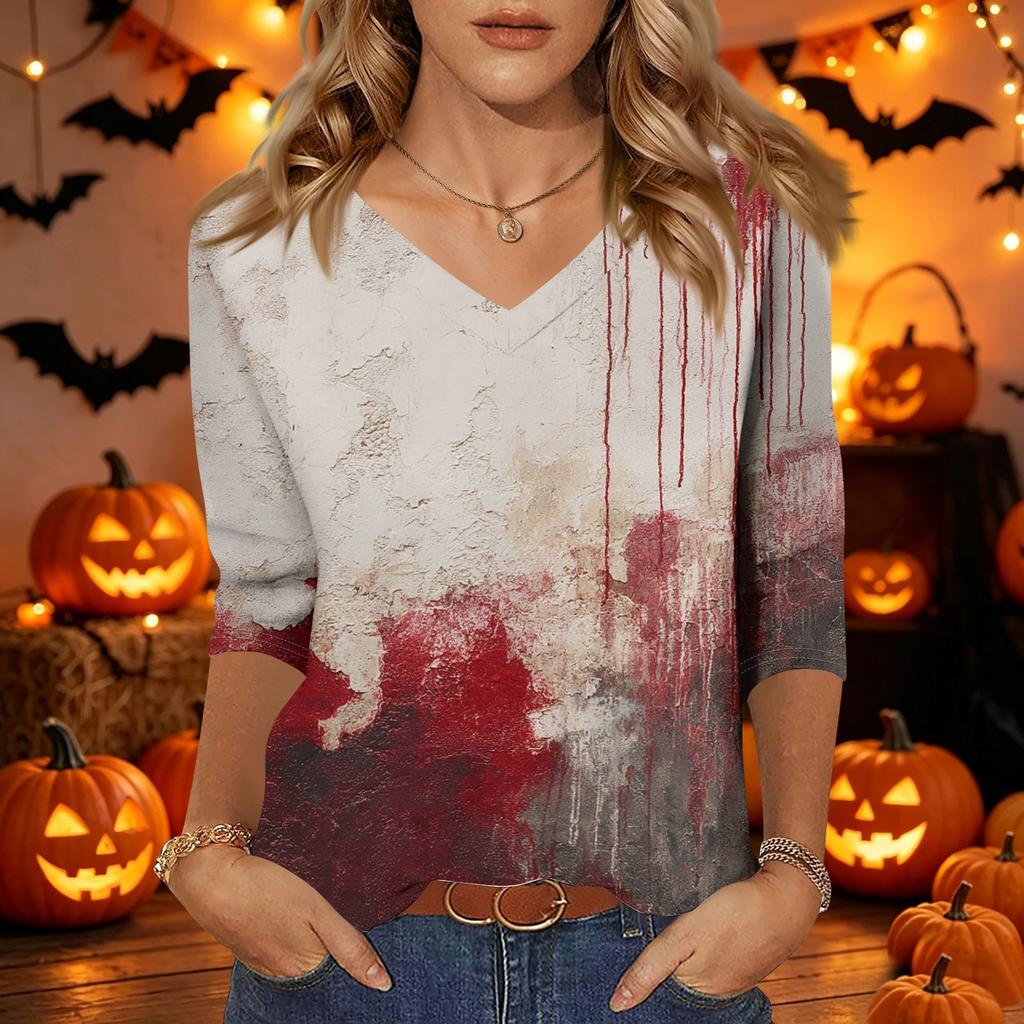 Damen Freizeit V-Ausschnitt Oberteil Halloween-Print Dreiviertelärm Leicht Bluse Lockerer Schnitt Pulloverhemd für die Herbstsaison
