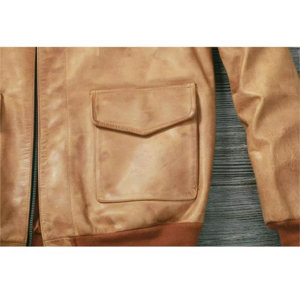 Čínská velikost Klasická letecká bunda A2 Pilotní bunda Vintage Špinavě žlutá Voskovaná hovězí kůže Bunda z pravé kůže Muži Letecké bundy Pánské kabáty