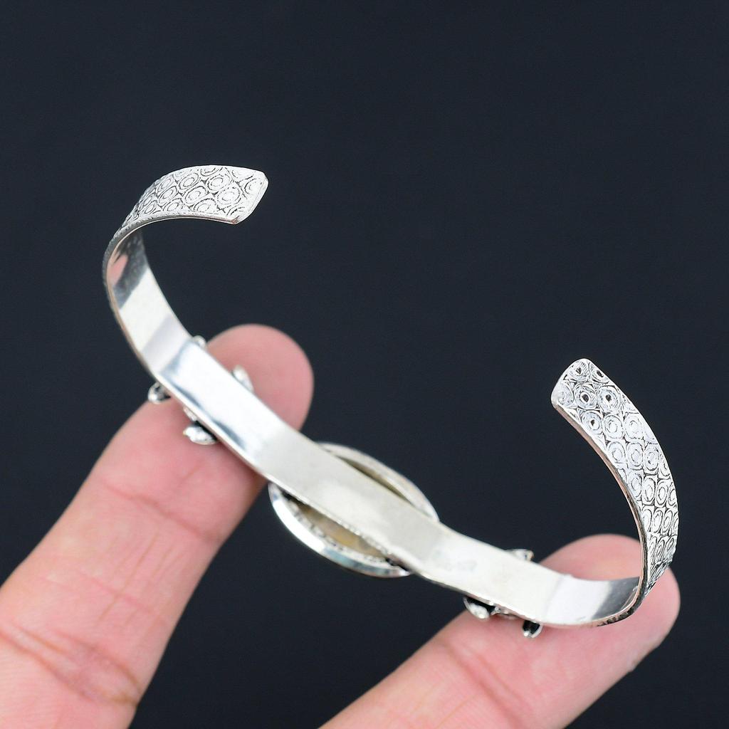 Daughters Day Deal Oval Fossil Coral Gemstone Flower Bangle Jewelry 925 Silver