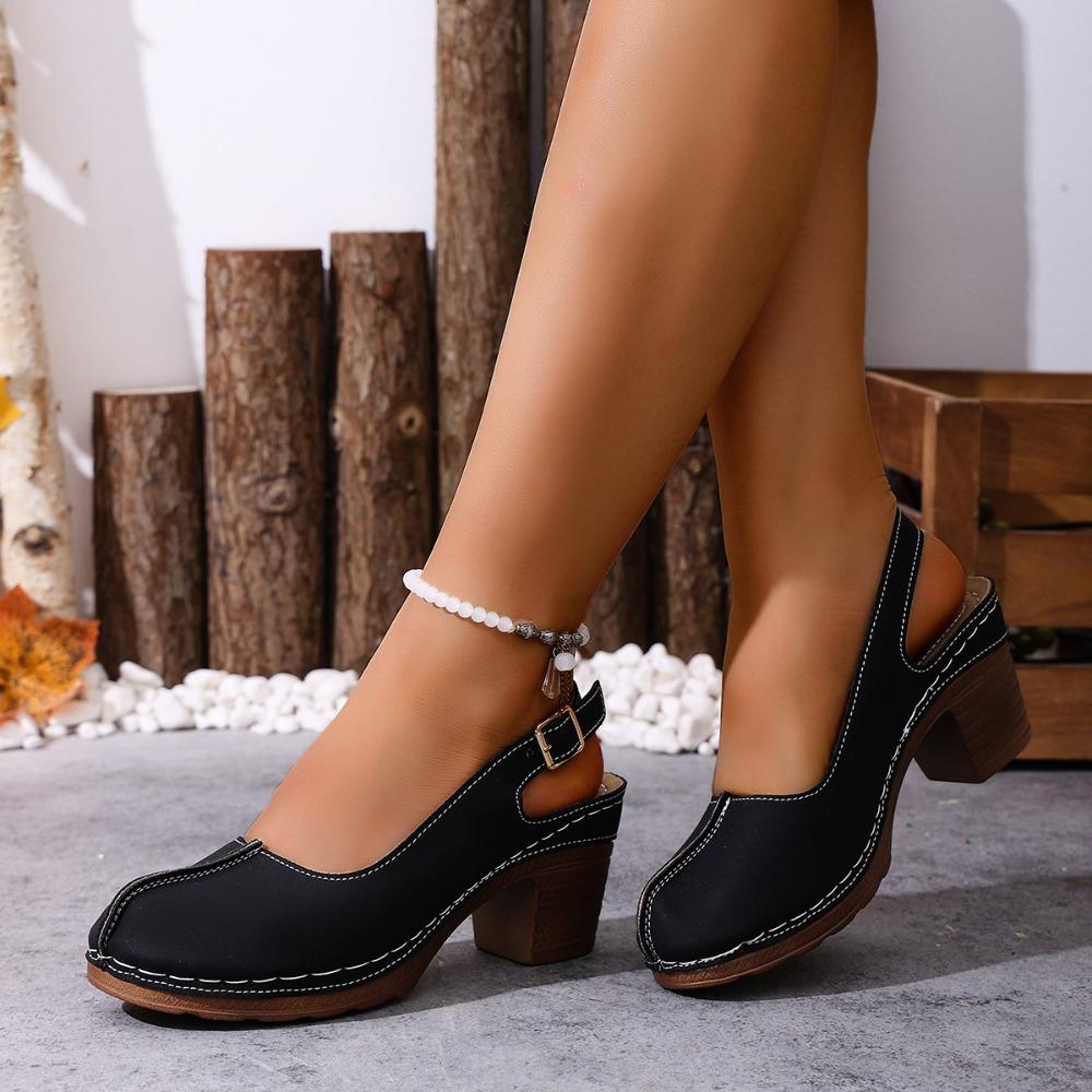 Plus Size Women Retro Block Heel Sandals, Buckle Design Comfort High Heels Outdoor Beach Vacation Shoes