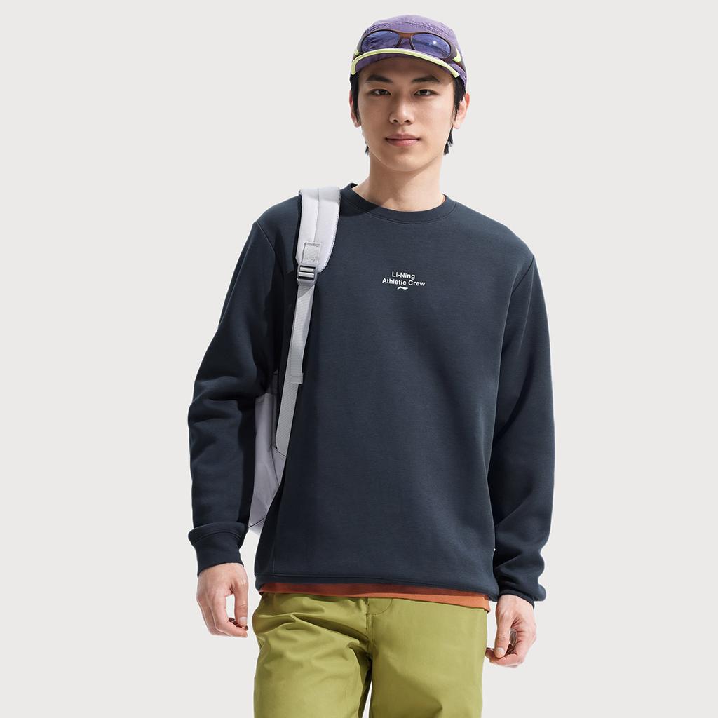 Li Ning Ice Silk Quick-Dry Cool Comfortable Casual Simple Round Neck Versatile Long Sleeve Sweatshirt Men Sweatshirt Navy-Blue AWDV379-1