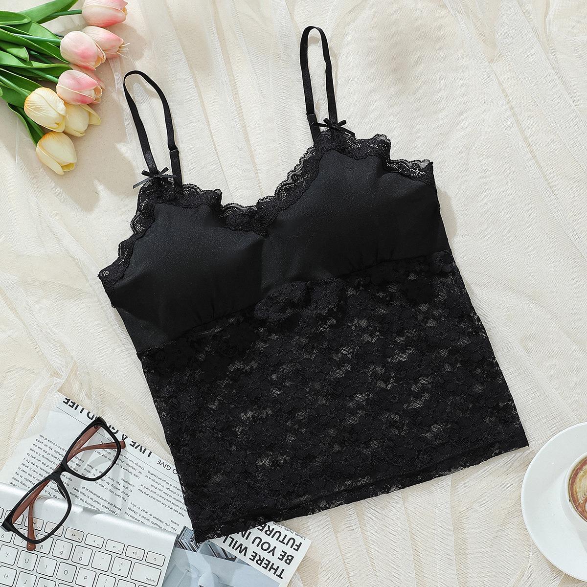 

1Pc Women s Lace Camisole Tops Deep V Neck Sheer Cami Tank Top Lingerie Spaghetti Strap Tube Slim Tank Top Sleeveless Slim Fit Going Out Top Shirt M чёрный