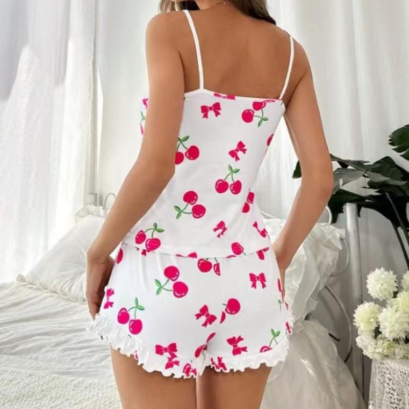 Summer New Women's Pajama Set Breathable Soft Casual Print Cami Top and Ruffle Shorts Sweet Home Strap Shorts Pajamas