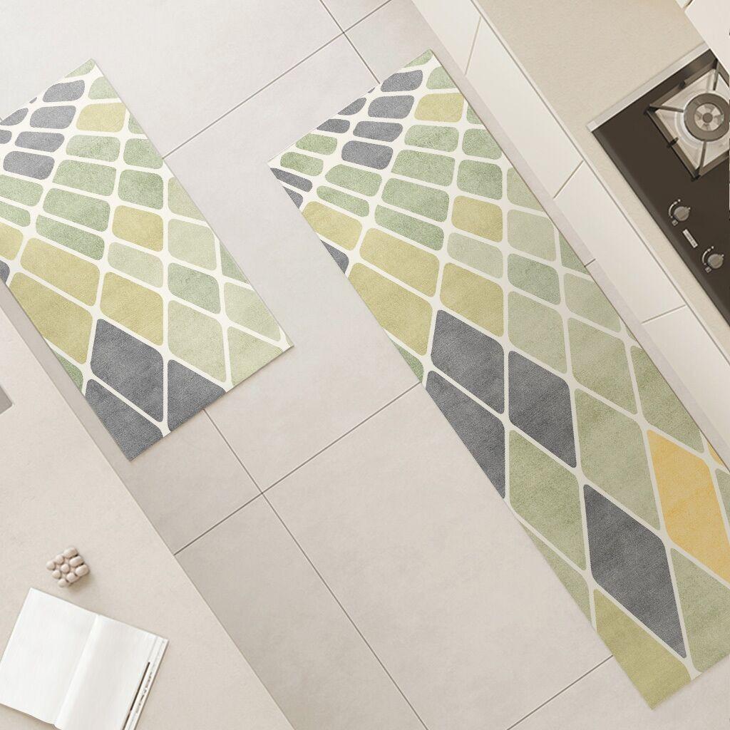 Waterproof Oil-proof Kitchen Carpet Non-slip PVC Floor Mat Green Geometric Rug Long Foot Mats for Home Alfombra De Cocina