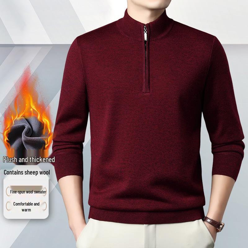 Men's Zipper Half-High Collar Knit Sweater - Mid & Young Adult Pullover Warm Base Layer
