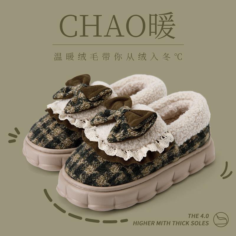 Bow cotton slippers 2025 new indoor home thick-bottomed velvet thermal bag and slippers winter