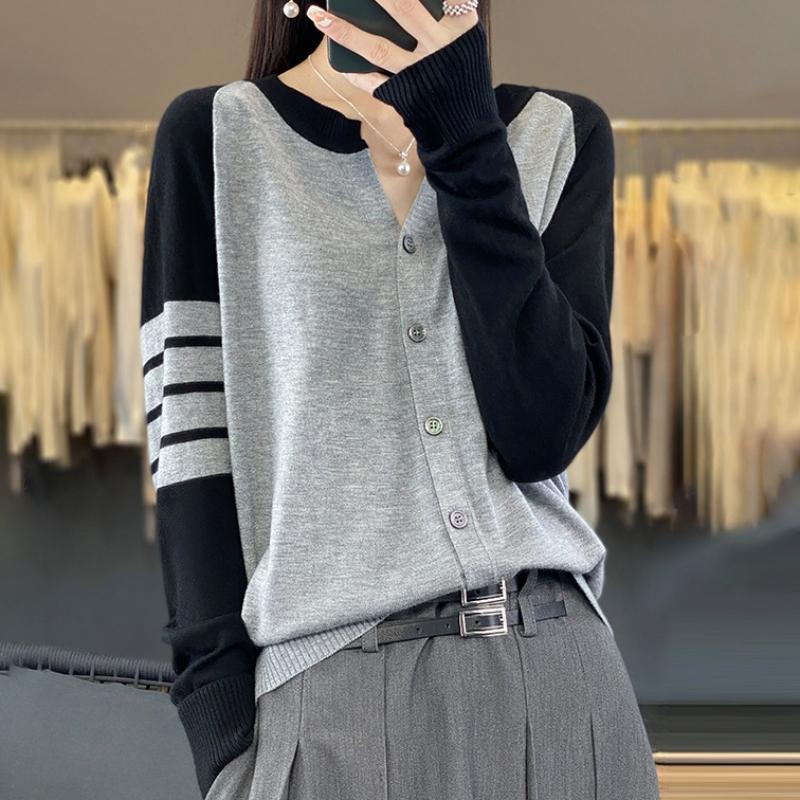 

Кардиган из шерсти с круглым вырезом и цветными блоками для женщин на весну и осень. Новый свободный универсальный вязаный свитер. Удобная куртка-топ. XXL