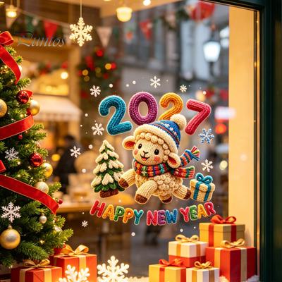 Seasonal Store Decorations Chinese New Year Window Stickers, 2027 Goat Static Clings, Reusable Home Holiday Decor Crochet Knit Lamb Decals,