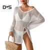 Women Beach Cover Up V-Neck Long Sleeve Side Slit Design Sun Protection. Loose Fit See-through Cover Up Dress