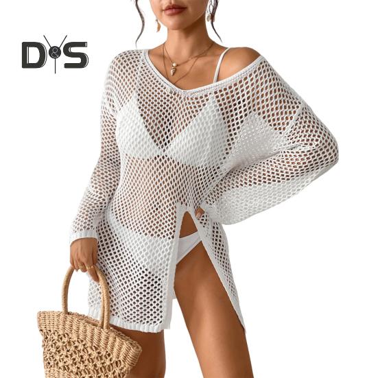 Women Beach Cover Up V-Neck Long Sleeve Side Slit Design Sun Protection. Loose Fit See-through Cover Up Dress
