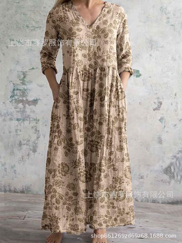 Damen Langarm V-Ausschnitt Maxi Kleid mit Streifenmuster, Knöchellanges Fließendes Kleid, Lässig Elegantes Kleid