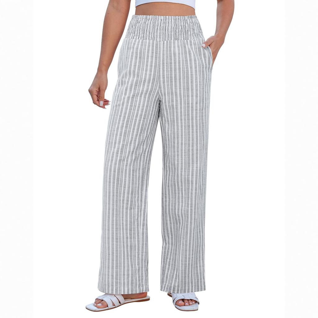 Ladies' Casual And Fashionable High Waist Wide Leg Striped Linen Pants