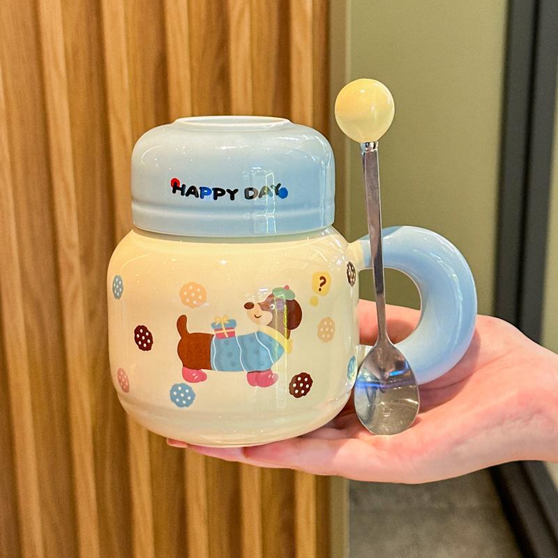 Cute Dachshund Puppy Ceramic Kettle Couple with High Value Mug with Lid To Send Birthday Gifts for Girls