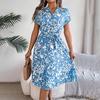 Women Summer V Neck Knee Length Pleated Print Belt Fashion Dress