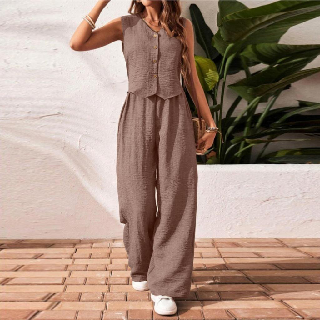 Women's Casual V-Neck Vest Linen-Cotton Blend Set