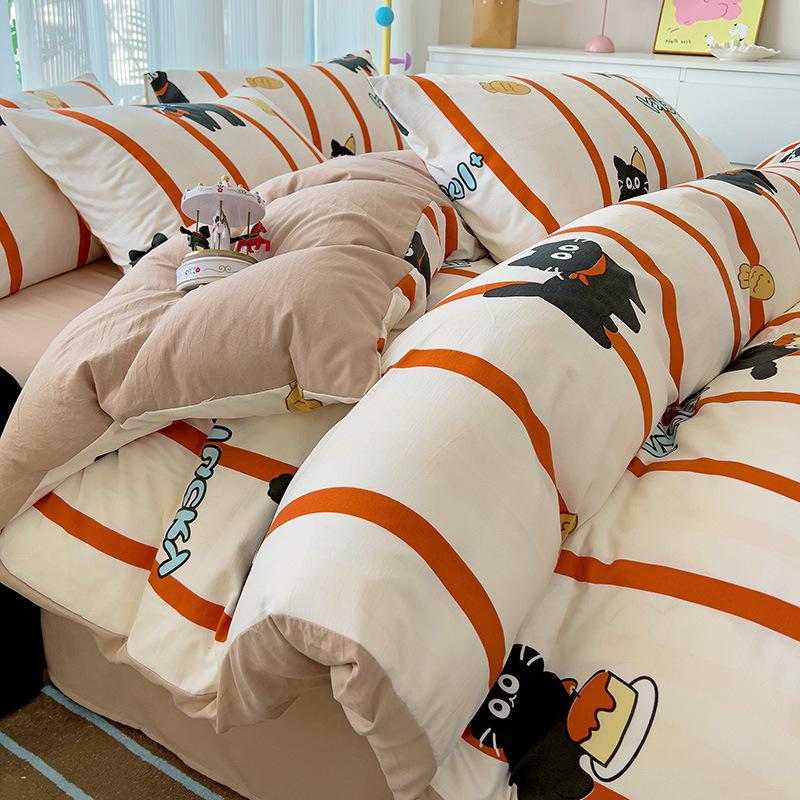 Small Fresh Mattress Quilt Cover Class A Maternal And Infant Grade Cartoon Dormitory Bed Sheet Three-Piece Set Super Soft Washed Cotton 4Pcs Set