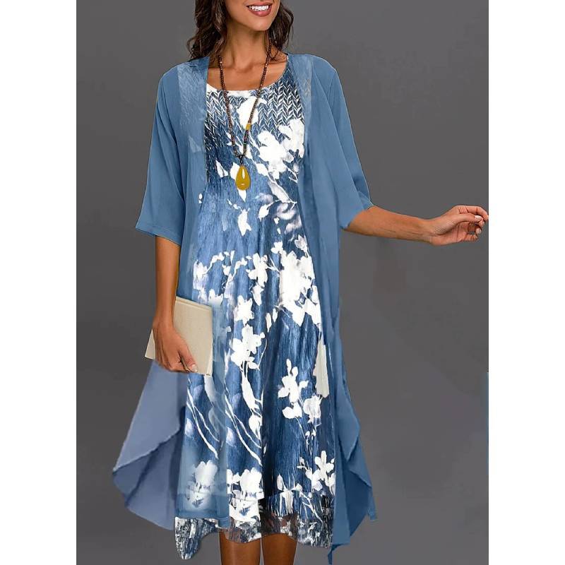 Elegant Polyester Chiffon Twopiece Dress With 3d Print For Spring Fashion