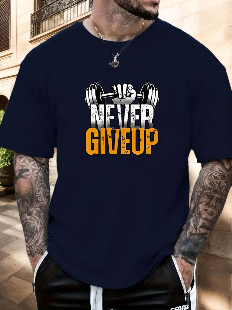 Gym Tshirt 2025 Summer Essential Mens Comfy Everyday Trendy Never Give Up Barbell Print 100 Cotton Short Sleeve Casual Top
