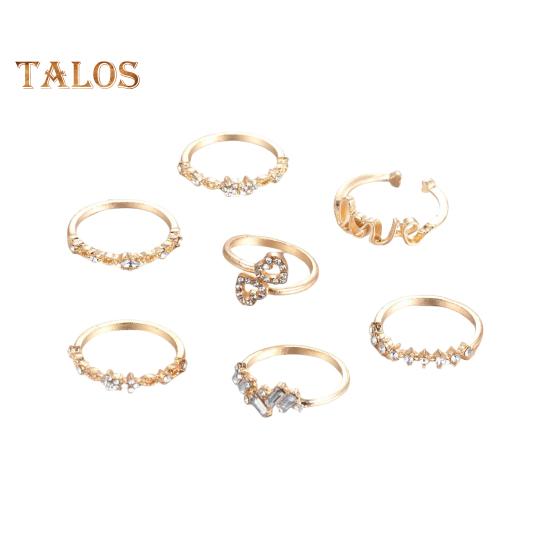 

7 шт./комплект женские кольца набор разных форм со стразами костяшки пальцев полированные полированные кольца из сплава с полым сердцем выпускной вечер украшения золотистый