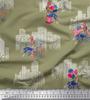 Soimoi Blue Japan Crepe Satin Fabric Text,Women & Bulidings Architectural Decor Fabric Printed Metre 42 Inch