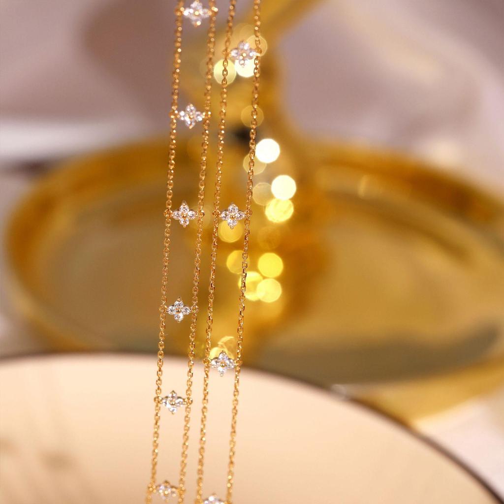 18K Gold-Plated S925 Sterling Silver Four-Leaf Clover Zircon Bracelet - Elegant Double Layer Design for Girls