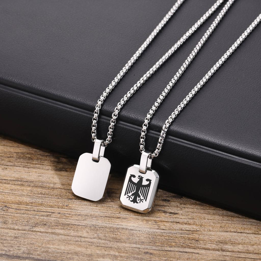 German Eagle Square Neckalces for Men, Stainless Steel Big/Small Dog Tag Pendant Necklace,Trendy Germany Jewelry Gift