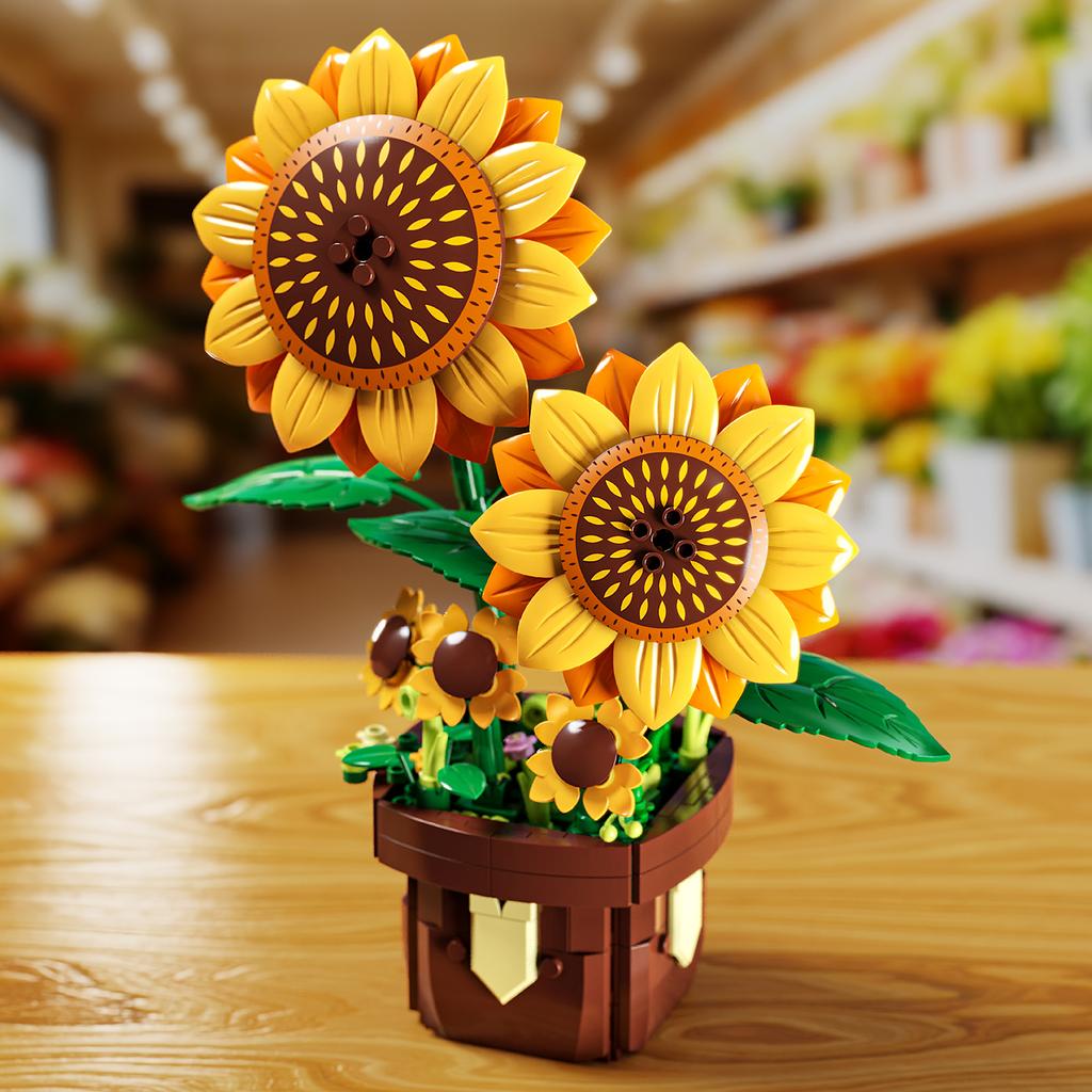 Non-Toxic 291Pcs Sunflower Potted Plant Building Block Flower Model Puzzle Toys Sets New Year Christmas Birthday Gifts
