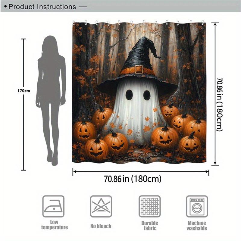 Halloween Geist Duschvorhang Kürbiswald Hexenhut Dekor Gruseliges Thema Wasserdichtes Gewebe Badezimmervorhang Set Zuhause
