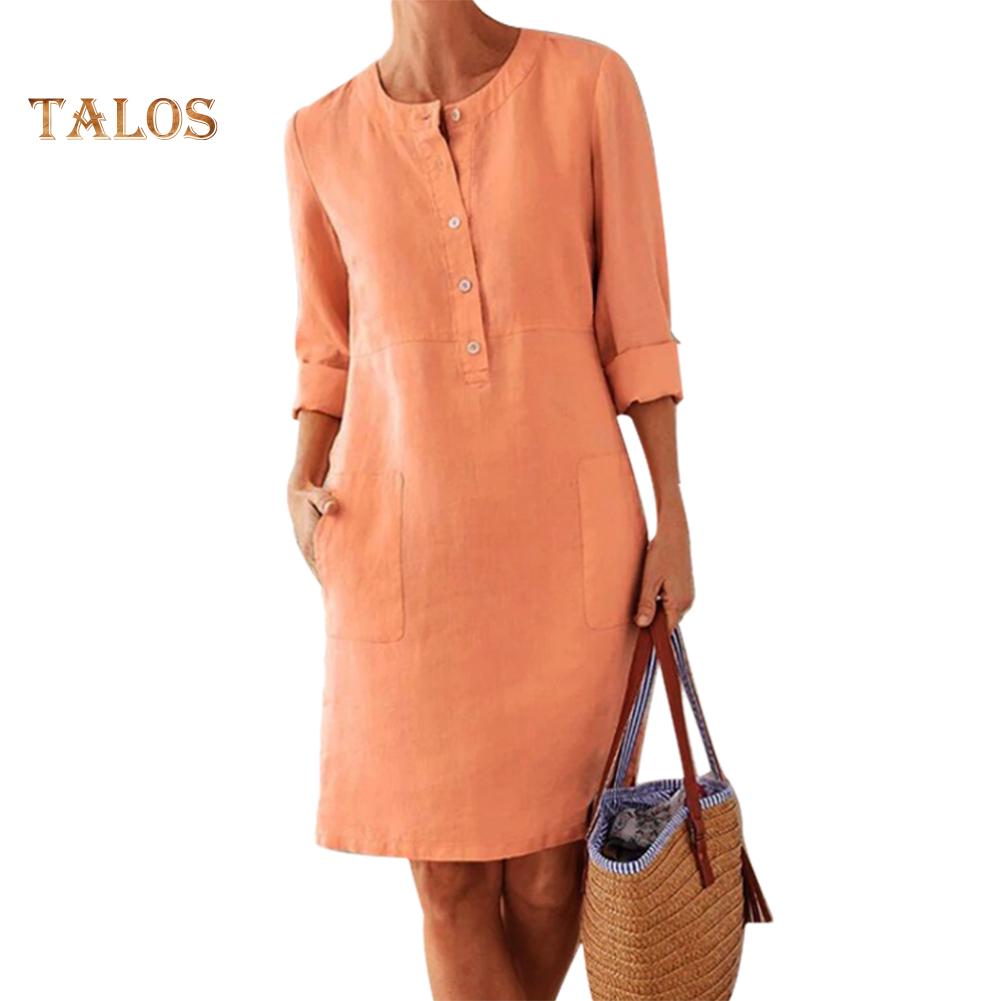 Hi Cutie Women Clothing Loose Solid Color Buttons Cotton Linen Long Sleeve Midi Dress
