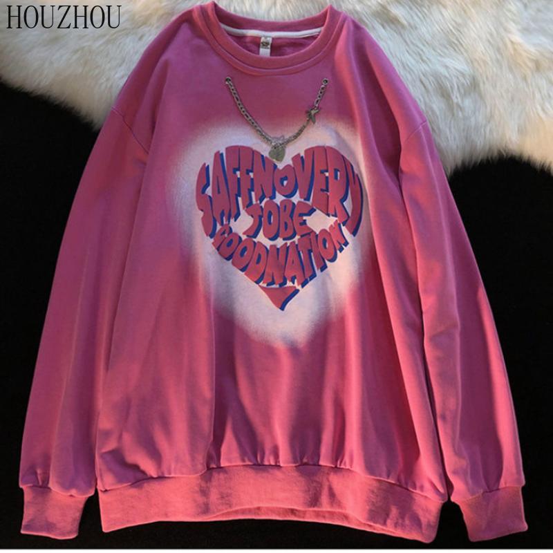 

HOUZHOU Love Print толстовки для девочек с длинными рукавами Harajuku крутая свободная повседневная уличная одежда большого размера с ожерельем