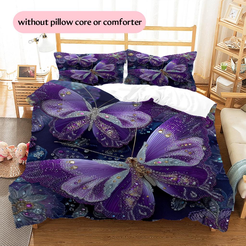 Fialový květ motýlí vzor Sada povlečení prošívaná přikrývka Povlak na přikrývku Povlak na polštář Domácí dekorace Dárek (1 * povlak na peřinu + 2 * povlak na polštář, bez jádra)