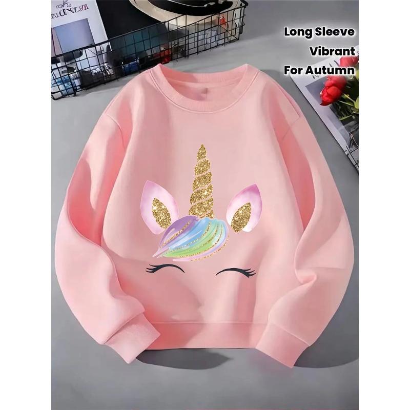 European sizes Girls' Crewneck Sweatshirt - Unicorn Horn Rainbow Ears Sparkle Eyes, Soft Comfy Sportswear for Children & Teens
