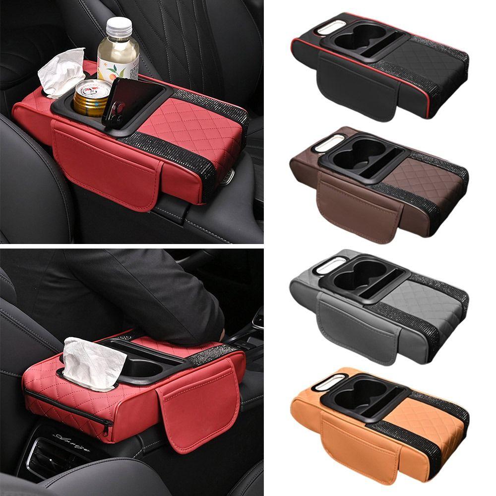 PU Leather Center Console Armrest Cushion with Cup Holder Tissue Box Height Increasing Car Armrest Pillow Multifunctional