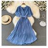 Summer new V-neck short-sleeved dress over the knee slim-fitting pleated temperament lady waist lace-up big pendulum mid-length dress