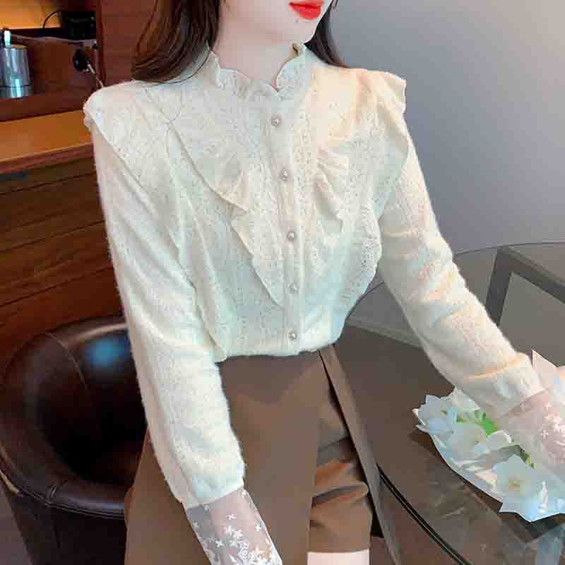Fashion New 2024 Winter Long Sleeve Stand Collar Ruffles Apricot Velvet Lace Blouse Shirt Women Tops Blouses Shirts J790