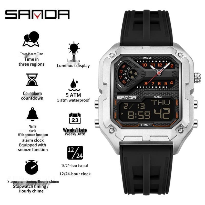 Sanda Dual Display Trendy Square Men s Multifunctional Waterproof Luminous Electronic Watch with Snooze and Countdown Timer.