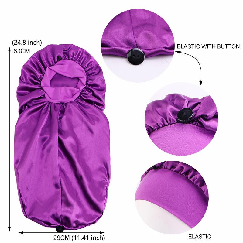 Custom Satin Long Reversible Braid Adjustable Silk Satin Sleeping Bonnet With Button